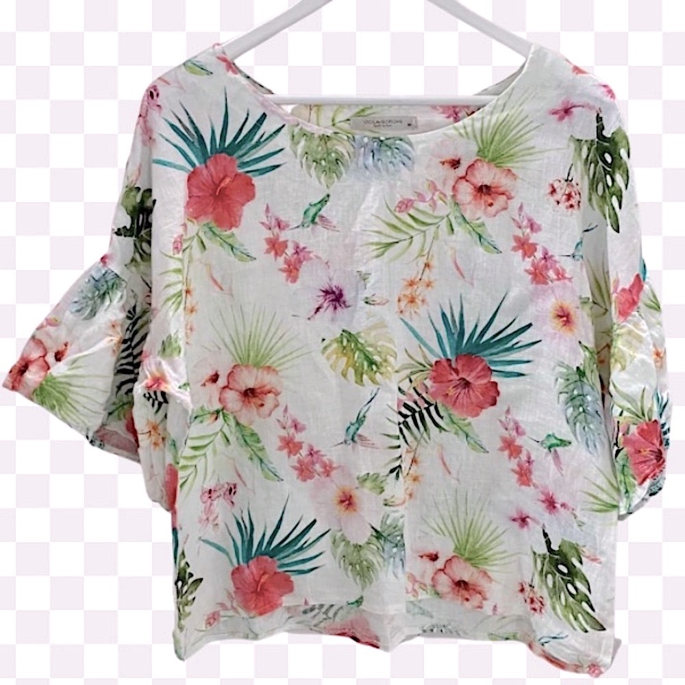 Boho VIOLA BORGHI Top Linen Colorful Floral Hummingbird White Red Size Small